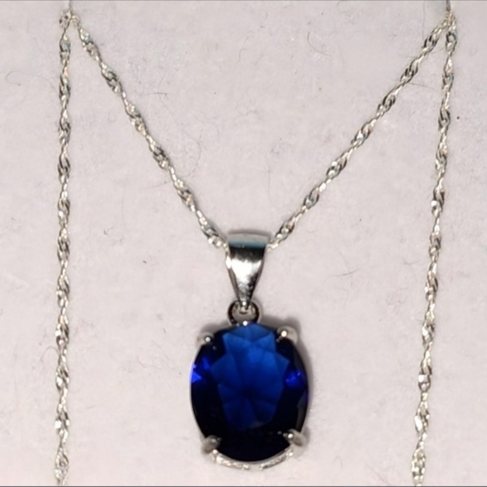 Luxury Sapphire Pendant 925 Sterling Silver Singapore Chain Necklace 18"